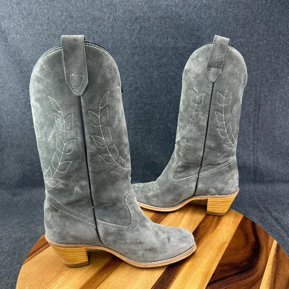 Vtg 80s Wolverine Grey Suede Western Cowgirl Boots Womens Sz 7 Leaf #1956 - Picture 7 of 14